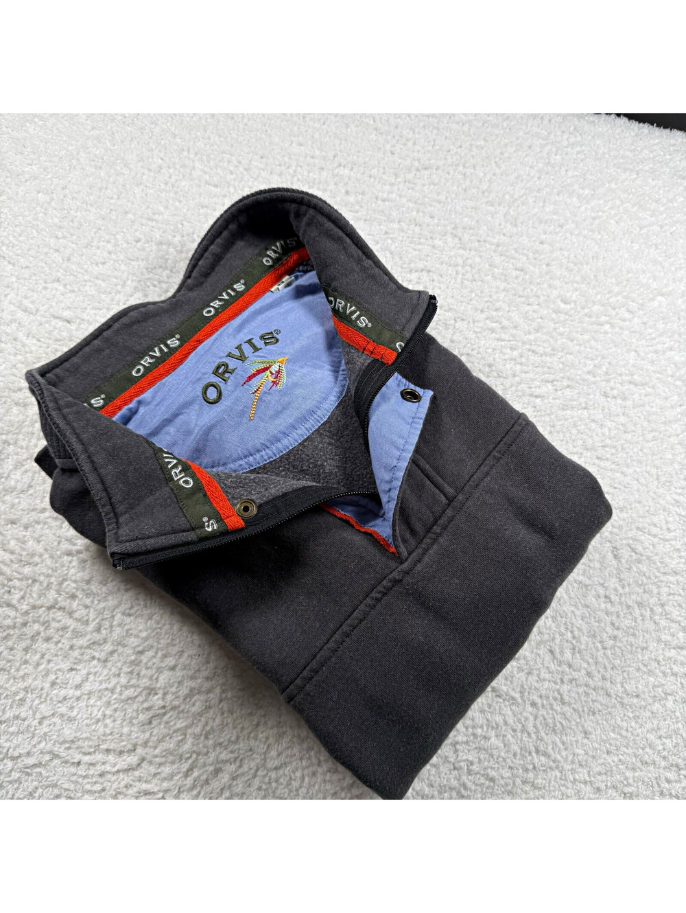 Orvis Men’s Medium Gray Quarter Zip Snap Mock Neck Pullover Sweatshirt Fishing